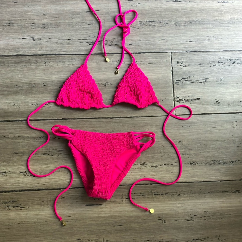 Tori Praver Revolve Neon pink triangle Crinkle Strappy bikini set XS/S Resort
